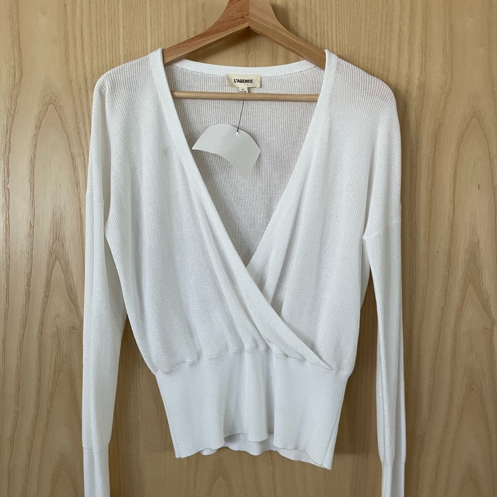 L’Agence S/P white wrap knit top.